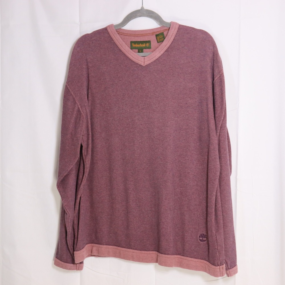 Timberland V-Neck Sweater Mens Large Maroon Long Sleeve Cotton Pullover Logo